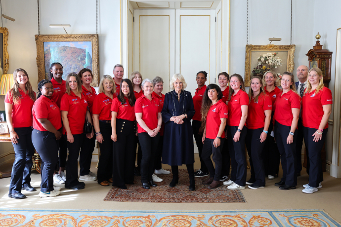 Queen Camilla with crew members as she hosts a reception for the 'Maiden' yachting crew, at Clarence House in London, to congratulate them on their unprecedented win of the Ocean Globe Race and becoming the first ever all-female crew to win an around-the-world yacht race.
