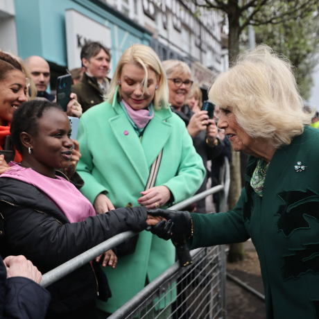 Queen Camilla meets members of the public during a visit to Lisburn Road in Belfast.