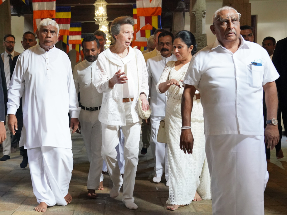 The Princess Royal (centre) during a visit the Temple of the Sacred Tooth Relic in Kandy during day two of their visit to mark 75 years of diplomatic relations between the UK and Sri Lanka