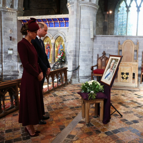 The Prince and Princess of Wales pays their respects to Her Late Majesty The Queen at St Davids Cathedral