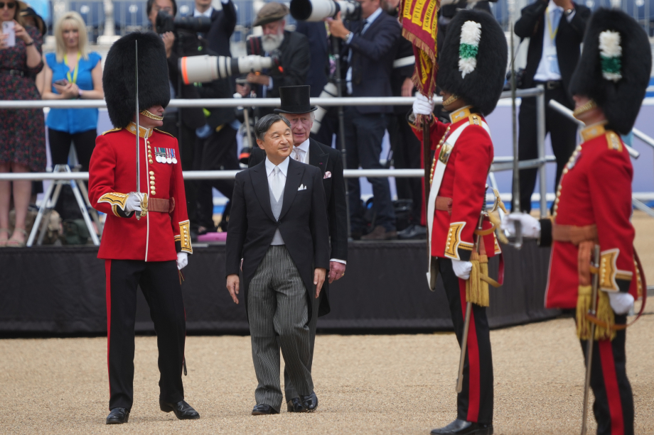 King Charles III (centre rear) and Emperor Naruhito inspect the guard during the ceremonial welcome at Horse Guards Parade, London