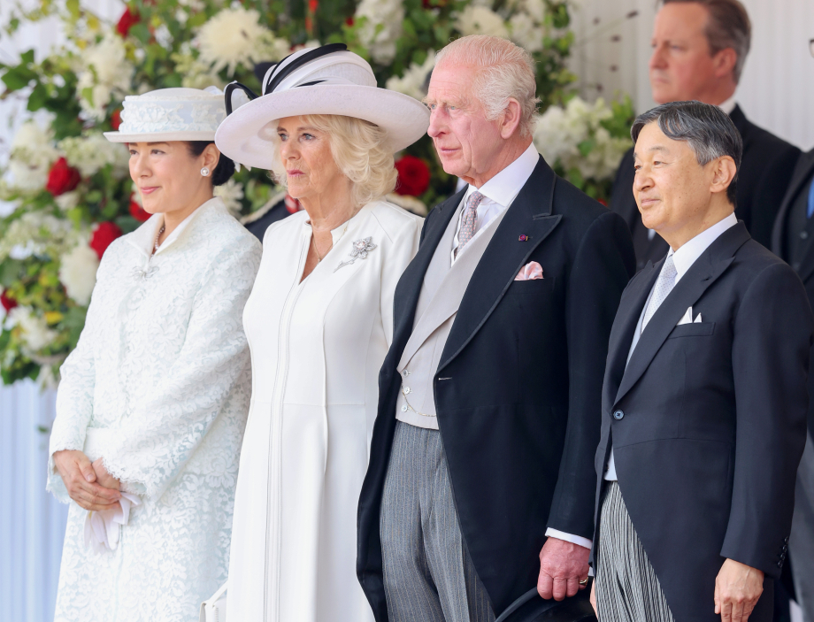 King Charles III (second right) and Queen Camilla (second left) stand with Emperor Naruhito and Empress Masako of Japan